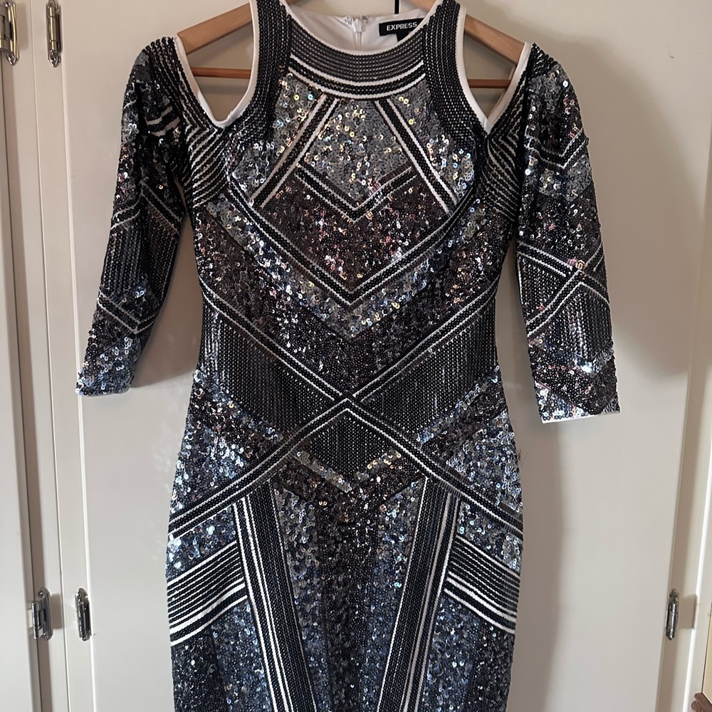 Express Black and Silver Sequin Long Sleeve Dress